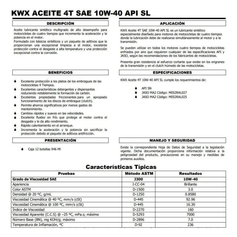 Aceite Moto 4 Tiempos 10w40 Sintético Multigrado 946 Ml Kwx