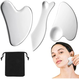 Kit Profesional de 3 Piezas Guasha Facial + Dermaroller - Herramientas Gua Sha en Acero Inoxidable, Washa Facial para Contorno Facial y Corporal, Incluye Bolsa de Viaje