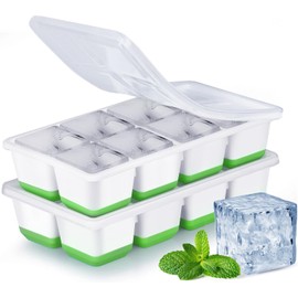 Large Ice Cube Trays with Lid, Jrisbo 2 Pack Stackable Silicone Ice Cube Molds for Freezer, Easy Release 16 Big Square Ice Trays for Whisky Cocktails