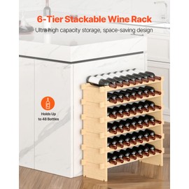VEVOR Stackable Modular Wine Rack, 6-Tier 48 Bottles, Freestanding Wines Holder Display Shelf, Solid Bamboo Wood Storage Racks, Wobble-Free Shelves for Kitchens, Dining Rooms, Cellars, Natural Color