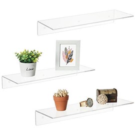 17 Inch Clear Acrylic Floating Shelves, Wall Mounted Modern Display Racks, Set of 3