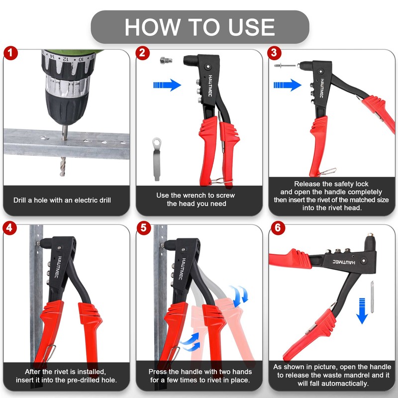 HAUTMEC Heavy Duty Rivet Gun,Pop Rivet Gun with 4 Interchangeable