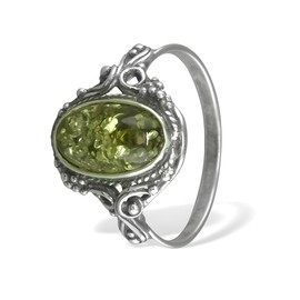 Designer Inspirations Boutique Vintage Oval Baltic Amber Sterling Silver Ring in Ornate Victorian Setting for Women Ladies Girls - Green Amber Jewellery - Size Q