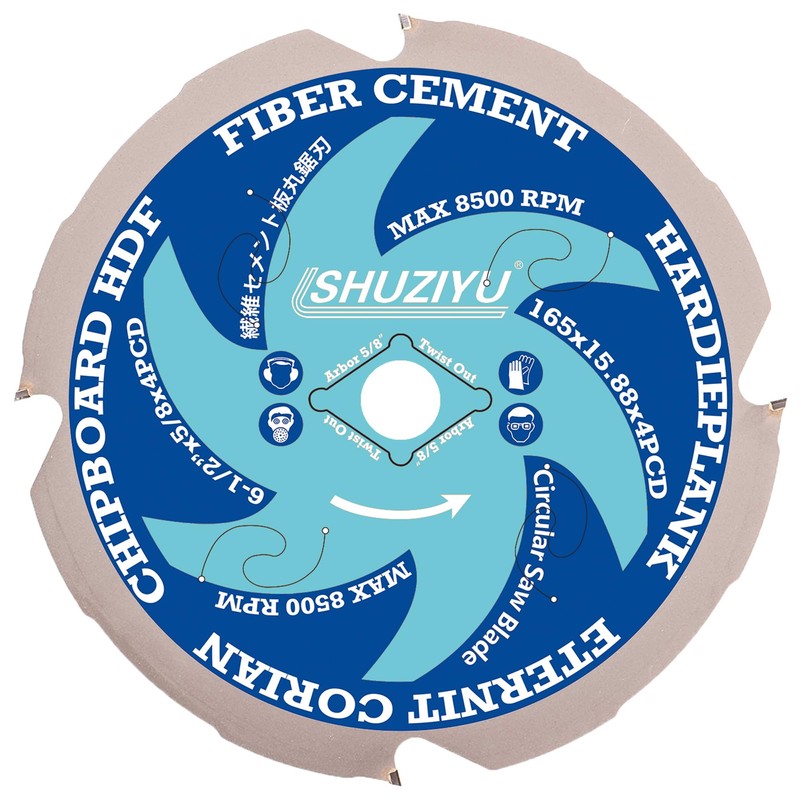SHUZIYU 6-1/2"(165mm)-4PCD, Arbor 5/8", Polycrystalline Diamond Tipped 4 PCD Hardie