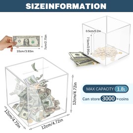 Unbreakable Clear Acrylic Piggy Bank for Adults - Must Break to Open, Secure Coin & Cash Savings Jar, 4.72" x 4.72" - Perfect for Real Money, Coins & Change