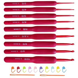 Ergonomic Crochet Hook Set, Red Handle Crochet Knitting Needles Kit 2.0 mm - 6.0 mm, Crochet Hooks with Needles and Stitch Markings for Arthritic Hands, Chunky Ergonomic Metal Crochet Hook Set
