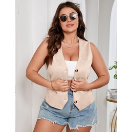 ShopWonder Womens Plus Size Button Vintage Vests Jacket V-Neck Faux Suede Cardigan Outerwear with Pockets,2XL,Apricot