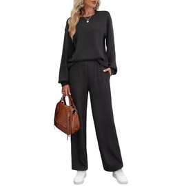 WIHOLL Matching Sets for Women Dressy Casual Winter 2023 Loungewear Stretchy Black 2XL