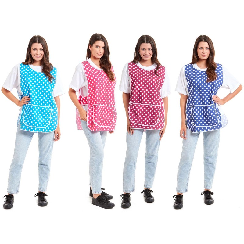 Ladies Polka Dot Design With Piping Tabard Apron Overalls Front