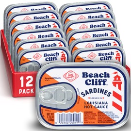 Beach Cliff Wild Caught Sardines in Louisiana Hot Sauce, 3.75 oz Can (Pack of 12) - 11gProtein per Serving - Gluten Free, Keto Friendly - Great for Pasta & Seafood Recipes