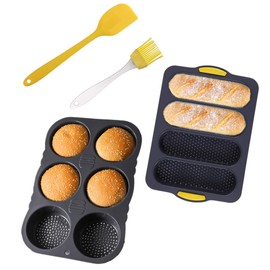 NatureMan 4 Pcs Silicone Baguette Pan and Hamburger Bun Pan Set,Non-stick 4 Holes French Bread Baking Tray,6 Holes Hamburger Bun Mold with Scraper and brush