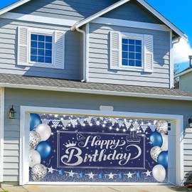13X6ft Happy Birthday Garage Door Cover Background Navy Blue Background Silver Happy Birthday Glitter Balloons Star Flag Sequins Decorations Men Women Party Decoration Outdoor Indoor Banner Cover