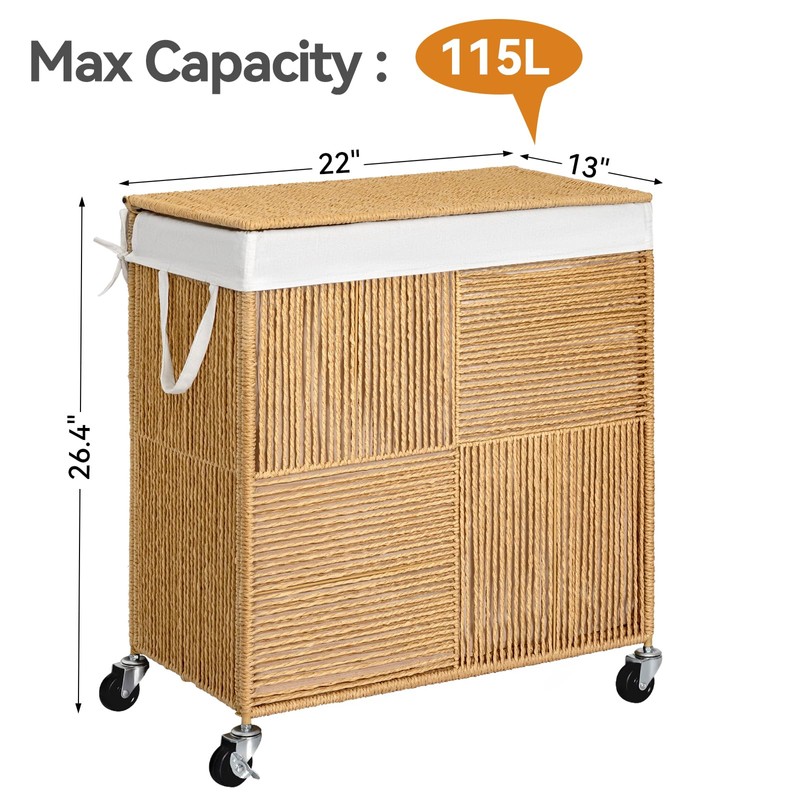 WOWLIVE Double Laundry Hamper with Lid, Handwoven Rolling Laundry Basket