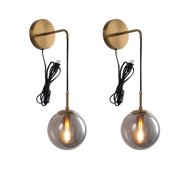 Wall Sconces Set of Two Plug in Wall Sconces with Globe Smoke Grey Glass Shade Wall Lamp with Plug Cord Wall Sconce Plug in Brushed Gold Plug in Wall Sconces Set of 2 Plug in Wall Light Plug in Sconce