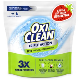 OxiClean Triple Action Free Versatile Stain Remover Powder, Use with Detergent, No Fragrance, No Dyes, No Chlorine, Removes Stains, Brightens Colors and Whites, 4 lbs