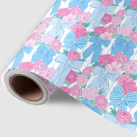 FYSUIMU Floral Bow Wrapping Paper -Mini Roll- 17 Inch x 32.8Ft Pink Blue Bowknot Flower Gift Wrap Paper Coquette Art Paper for Wedding Birthday Baby Shower DIY Crafts