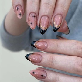 Press on Nail False Nails, Pack of 24 Almond False Nails for Sticking Short French Artificial Nails, Glossy Oval Glitter Acrylic Fingernails Fake Nails for Women Girls