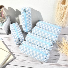 SOIDRAM 6 Pcs Checkered Makeup Bag Preppy Cosmetic Bag Bulk Makeup Pouch Personalize Travel Toiletry Bag Organizer Cute DIY Makeup Brushes Storage Bag for Women Light blue