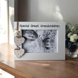 Handcrafted Great Grandchildren Photo Frame Gift, 6x4 Landscape, Wooden Cream Hanging Hearts, Gift For Great Grandparent