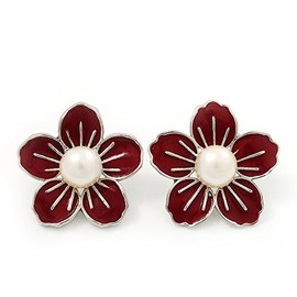 30mm D/Red Enamel Faux Pearl Daisy Stud Earrings/Silver Tone