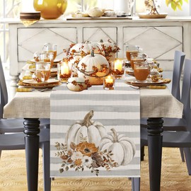 Fall Table Runner 13x72 Inch,Pumpkins with Flowers Grey Stripes Table Decors for Seasonal Harvest Autumn Thanksgiving Farmhouse Home Kitchen Dining Party