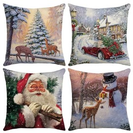 TUANMOZI Pack of 4 Christmas Cushion Covers, 45 x 45 cm, Linen Cushion Covers, Winter Decorative Cushion Cover, Christmas Cushion Cover, Christmas Decorative Cushion, Cushion Cover for Sofa, Bedroom