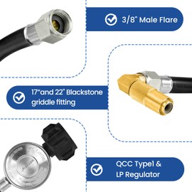 Aekops Regulador de propano de baja presión de 6.5 pies y manguera con adaptador de codo para parrilla Blackstone de 17 pulgadas y 22 pulgadas, regulador de parrilla de gas y manguera para la mayoría de calentadores de parrilla de gas LP y hogueras, entr