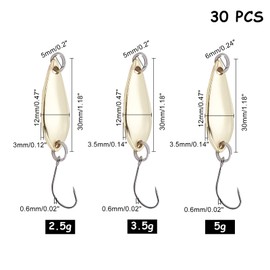 SUPERFINDINGS 3 Size 30pcs Micro Spoon 2.5/3.5/5g Spoon Lures Sequin Baits for Trout Stream Fishing Lake Tube Fishing Lures Set with Tackle Case Fishing Lures Kit Spoon Shape Fishing Lure Accessories