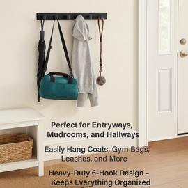 DAFUYUAN Coat Rack Wall Mounted Heavy Duty Stainless Steel Coat Hooks Wall Mount Rustproof Hook Rail for Entryway, Bathroom, Kitchen (Black, 6 Hooks)