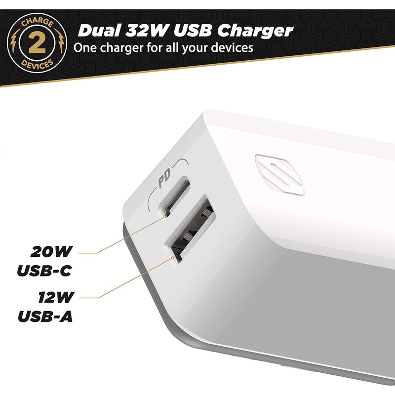 Scosche HPDCA32WT-SP PowerVolt 32W Certified USB Type-C + USB Type-A