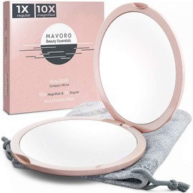 Mavoro Magnifying Compact Mirror | 1x/10x Magnification | 4" Small Pocket Purse Double Sided Travel Makeup Mirror | Folding Portable Hand Compact Mirror for Handbag and Purses (Millennial Pink)