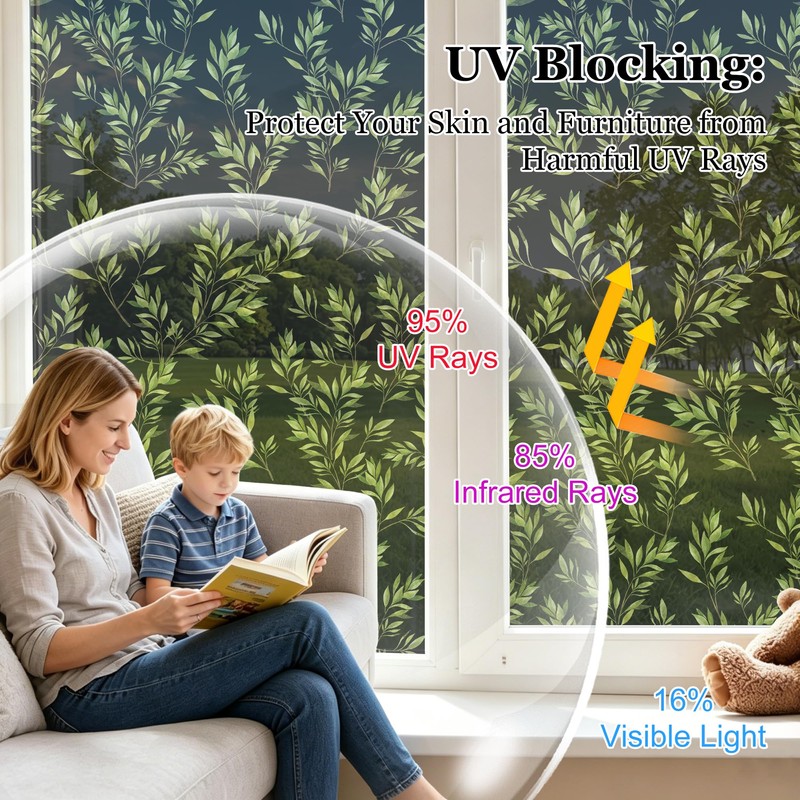 DULEIXUFHEE Window Privacy Film One Way, Green Leaf, 17.7 x