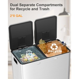 Takywep Large Dual Trash Can 2 x 8 Gallons- 60 Liters Stainless Steel Kitchen Double Trash Can,2 Compartment Trash Can Combo Garbage Bin with Separated Lid and Foot Pedal for Kitchen