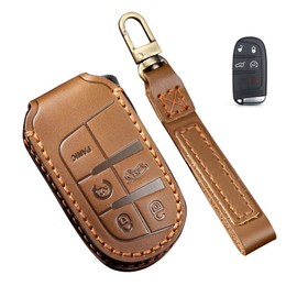 LETINGFAR Key Case, For JEEP, Smart Key Case, Key Cover, Genuine Leather, Designed for JEEP, Key Holder, For Dodge Durango Land Cherokee 300 Challenger, Braun