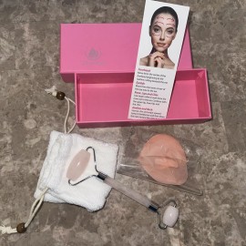 SilverDel Rose Quartz Face Roller, Silicone Face Brush and Pouch  New