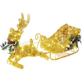 GAOMON Gold Reindeer Christmas Decor, Metal Frame Christmas Reindeer with Sleigh, Tabletop Reindeer Statue Christmas Decor, Lighted Deer Figurine, Battery Operated Glittering Xmas Holiday Party Supply