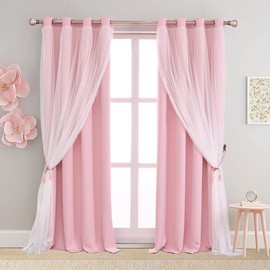 SOFJAGETQ Pink Blackout Curtains 84 inch Length - Double Layers Princess Curtains & Draperies Panels for Kids/Girls Bedroom Living Room Nursery Pink Lace Hem Curtains, 2 PCs