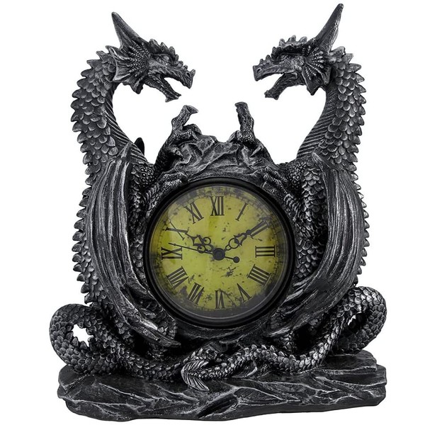 DWK Twin Dragon Gothic Bookshelf Clock | Desk and Shelf Clocks Dragon Home Decor | Decorative Fireplace Fire Dragon Figurines | Small Vintage Clock for Shelf - 11"