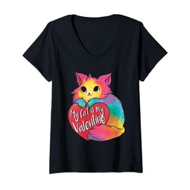 Womens My Cat is My Valentines Day Colorful Cats Lover Heart Design V-Neck T-Shirt