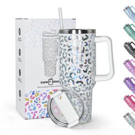 sweet grain 40 oz Tumbler with Handle Leopard, Stainless Steel White Leopard Print Tumbler and Straw Lid, Double Vacuum Cheetah Cup, Keeps Drinks Cold Up to 24 Hours
