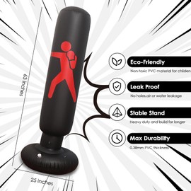 Oziral Children's Punch Bag, Inflatable Punch Bag, 160 cm Standing Punch Bag, Standing Punch Bag with Air Pump and Boxing Gloves for Karate Kickboxing, Training Equipment, Gift (Black)