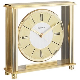 Bulova B1700 Grand Prix Table Clock | Brass MetalFinish | Glass Enclosure with Two-Tone Metal Dial | Quiet Sweep | Elegant Desktop Timepiece for Offices & Collectors