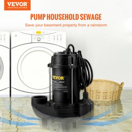 VEVOR 3/4 HP Submersible Sewage Pump, 5880 GPH Larger-Flow, Cast Iron Submersible Sump Pump, Wear-proof Cast Iron Construction, with Tethered Float Switch, 10 FT Power Cord