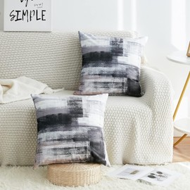 QUALKNOY Set of 2 Velvet Cushion Covers 18"x18" Black Modern Art Abstract Throw Pillow Case 45 x 45 cm for Living Room Sofa Bed Outdoor Garden Home Decor Pillowcases