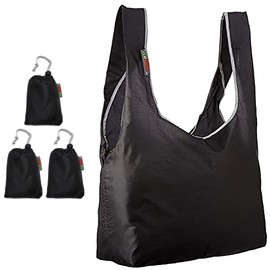 EcoJeannie 3 Pack Ripstop Nylon Foldable Reusable Bags Grocery Shopping Tote Bag, Built-in Pouch, RBS038 (Black-Black-Black)