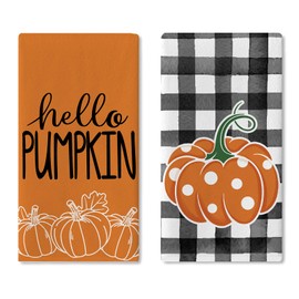 Croar Fall Hello Pumpkin Kitchen Dish Towels Set of 2, Autumn Thanksgiving Buffalo Plaid Drying Hand Towel Baking Cooking Cloth, Polka Dots Seasonal Bathroom Home Decoration 18 x 26 Inches