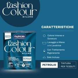 Nuncas Fashion Colour Milano, Petrolio, Kit Tintura per Tessuti, Pronta all'Uso con Detergente Post Trattamento, 180 g, 75 ml