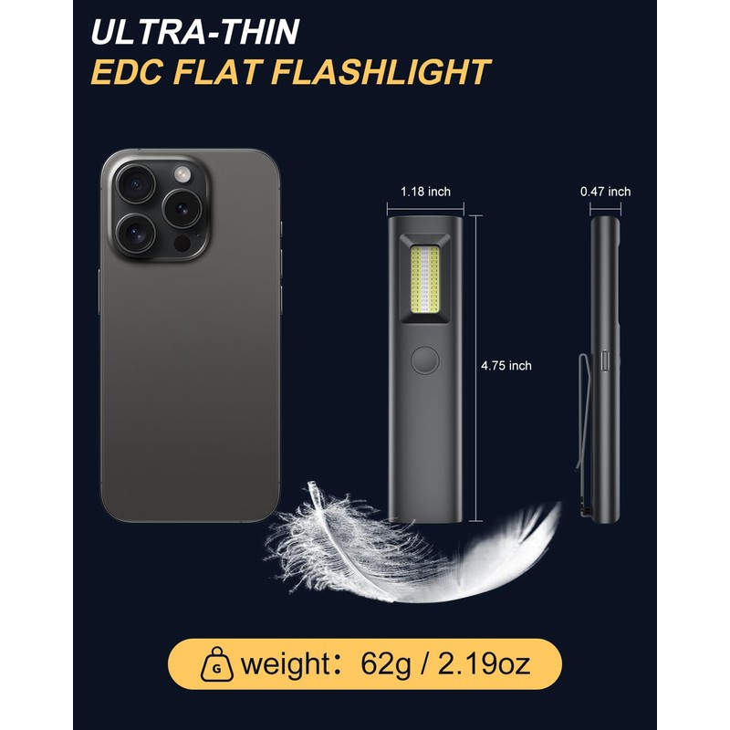 Yuspakone Rechargeable Flat EDC Flashlight - 600 Lumens White Light,