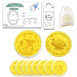 YUJUE Tooth Fairy Coins, 10 Pieces of Tooth Fairy Gold Coins and 10 Pieces of Tooth Fairy Certificates, Tooth Fairy Gift, Gold Coins Children, Lost Tooth Children Gifts Souvenir