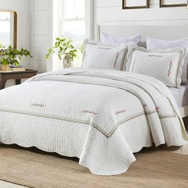 MarCielo 3-Piece 100% Cotton Oversized Bedspread Set Coverlet Set Lightweight Quilt Set Embroidery Farmhouse Bedding Set TF (Sakura White, King (118"x106"))